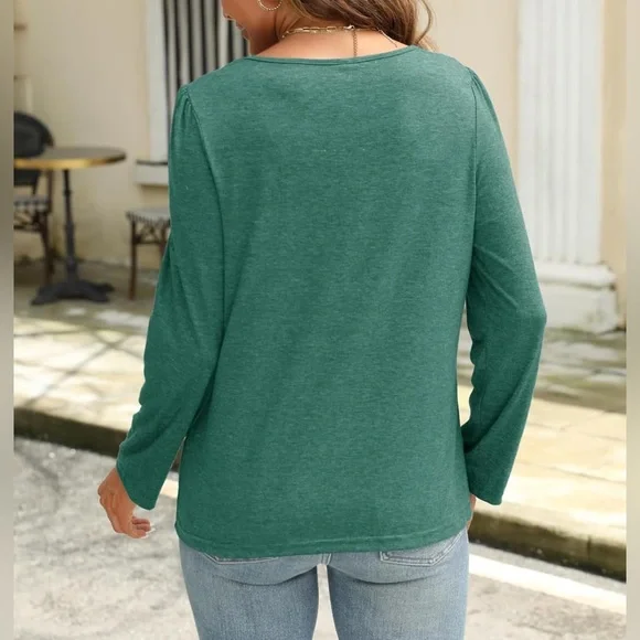 Long Sleeve Shirts for Women Fall Pleated Front Round Neck  3/4 Roll Up Sleeve - Picture 4 of 4